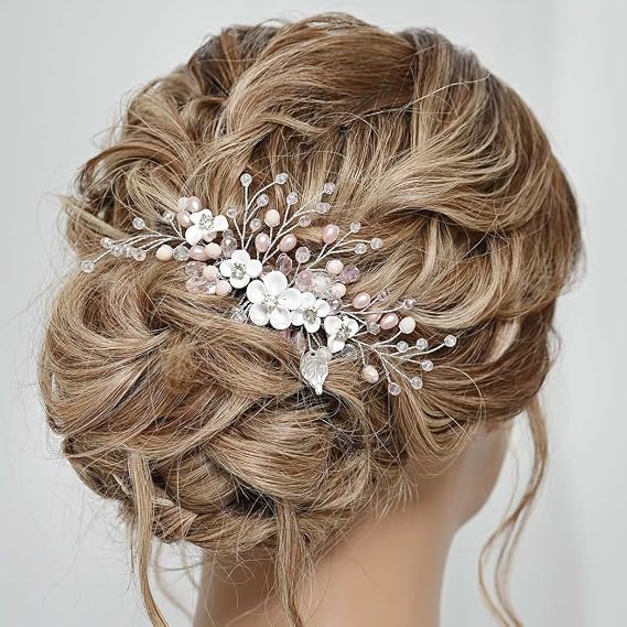 Gorais Flower Bride Wedding Hair Comb Silver Rhinestone Bridal Hair Piece Pink Pearl Opal Hair Accessories for Women and Girls
