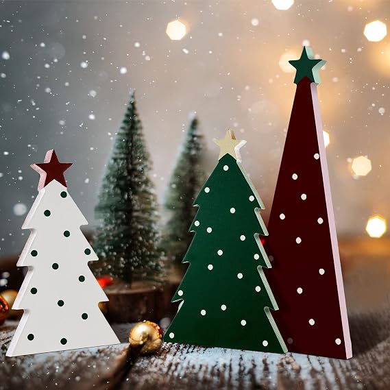 Maitys 3 Pcs Wooden Christmas Tree Tabletop Decor Standing Wooden,Classic | Miniature Xmas Trees Set, Freestanding for Home Shelf Mantel Fireplace, Rustic Neutral Farmhouse Style, Office Party