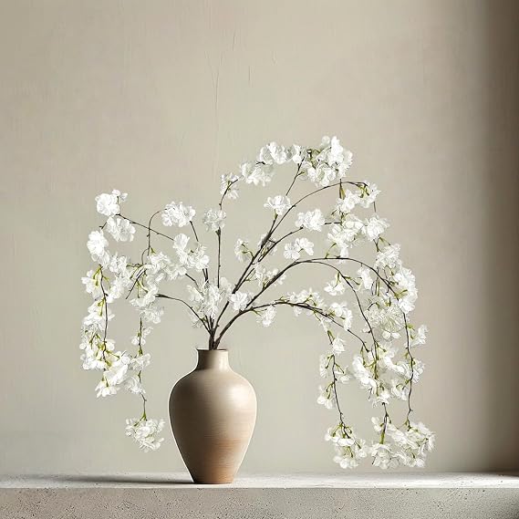 Artificial Cherry Blossom Branches, 3 Pcs Faux Plum Flowers Peach Branches Boutique Silk Flowers 59 Inch Tall Stems Real Touch Cherry Flowers for Wedding Table Vase Garden Home Decor (White)