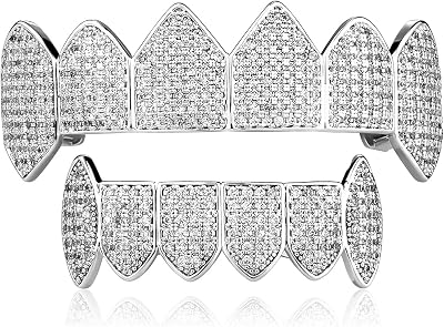 JINAO Hip Hop Gold Silver Vampire Grills for Your Teeth 14K Gold Plated Face Iced Out CZ Diamond Mouth Grillz for Men Women Top Bottom Teeth Grills with Extra Molding Bars