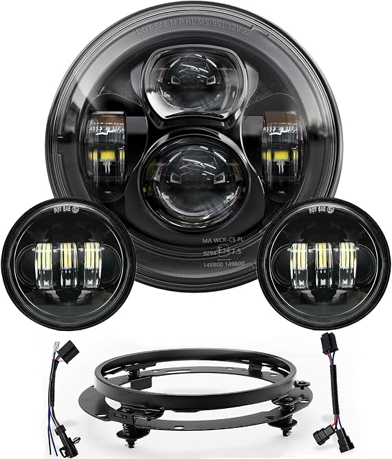 Upgraded Black 7 Inch LED Headlight & 4.5 Inch Fog Lights with Turn Signals, Headlamp Kit with Mounting Ring and 2 Adapter Harnesses Compatible with Harley Road King Electra Glide Ultra| DOT Certified