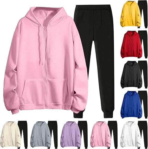 Women's Sweatsuits 2 Piece Fall Outfits Long Sleeve Zip Up Lounge Pullover Hoodies Baggy Sweatpants with Pockets