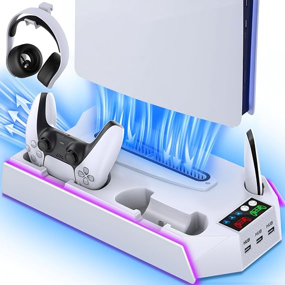 PS5/PS5-Slim-Cooling-Station-with-Controller-Charging-Station for Playstation 5 Console Disc/Digital, LED Light Cooling Stand with Cooler Fan for PS5 Accessories with 3 USB Hubs/Headset Holder