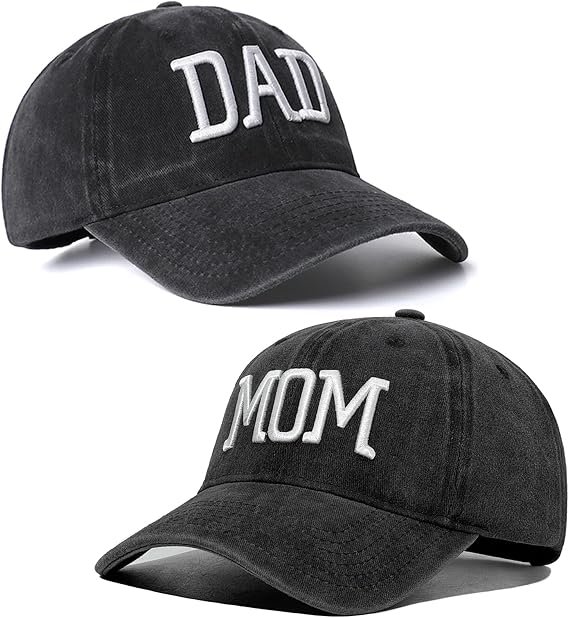 Mom Dad Embroidered Baseball Caps Set of 2 Adjustable Couples Cotton Hats | Soft cotton matching caps with premium embroidery and adjustable fit, perfect for couples, parents, family photos and gifts.