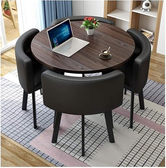 Modern Conference Room Table Business Coffee Table Space-Saving Furniture, Small Meeting Room Table, Office Reception Round Table Simple Kitchen Dining Table Set 1 Table 4 Chairs(Color:Black Leather)