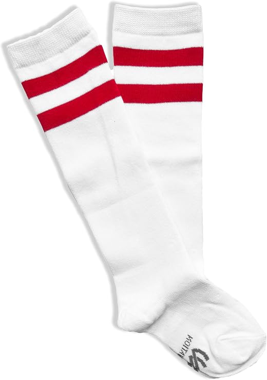 NEON NATION Unisex Child Kid Size White Knee High Tube Sock with Various Colored Stripes