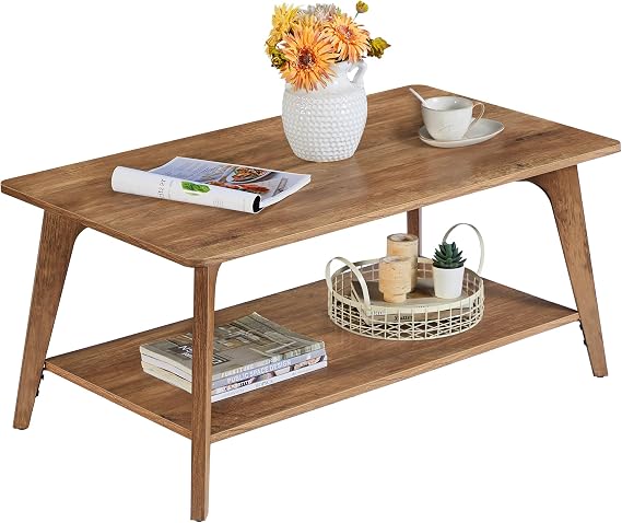 VASAGLE Coffee Table, 2-Tier Center Table with Storage, Tapered Legs