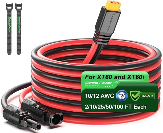 Bateria Power Solar to XT60 Charge Extension Cable 10AWG 2Ft Solar Connector to XT60 Adapter Cable for Solar Panel to LiFePO4 Battery RV Portable Power Station Solar Generator