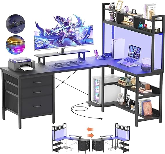 iSunirm L-Shaped Gaming Desk 150 x 150 cm Computer Desk with Shelves Gaming Table Corner Desk with File Drawer for Home and Office Black