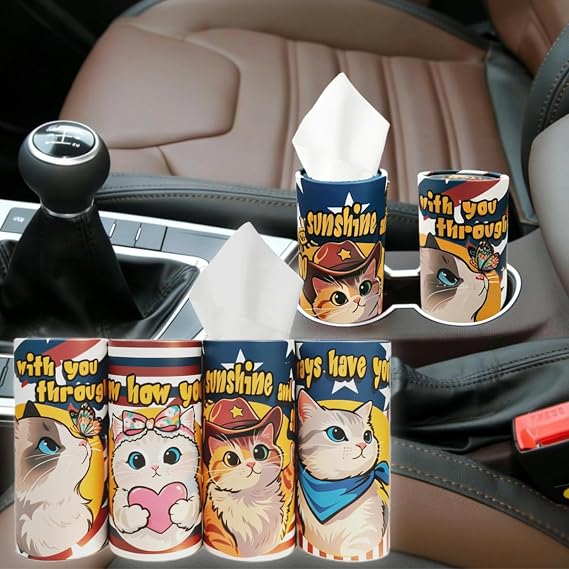 Car Tissues Cylinder with Facial Tissues Cats Theme Round Tissue Holder for Car Cup Holder Office Home (4, 4pcs/Pack)