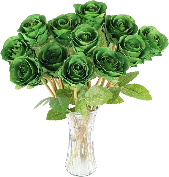 Hananona Artificial Roses Flowers for St. Patrick's Day,12 Pcs Silk Green Rose Bouquet for Spring Home Decoration, Green Faux Roses for Wedding