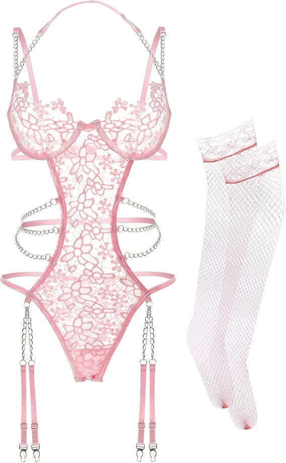 Women Lingerie Set Lace Teddy Strap Chain Babydoll Bodysuit with Garter Belts (Pink