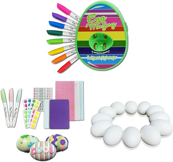 The Eggmazing Egg Decorator Easter Egg Decorating Kit (Spring Green) + White Wooden Eggs (12 Pack) + Easter Egg-cessory Pack
