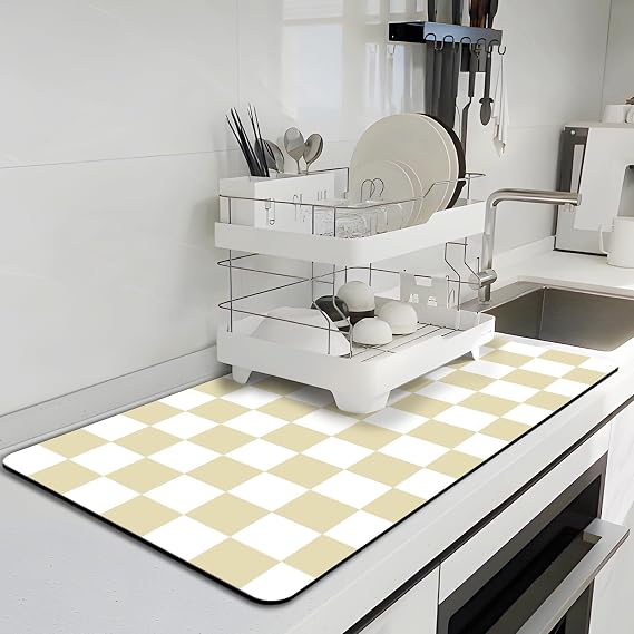 Dish Drying Mat for Kitchen Counter, 16.5 X 27.6 Checkered Large Coffee Station Mat, Super Absorbent Fit Under Coffee Maker Pad, Espresso Machine Mats, Drainer Mat Easy Clean, Beige & White