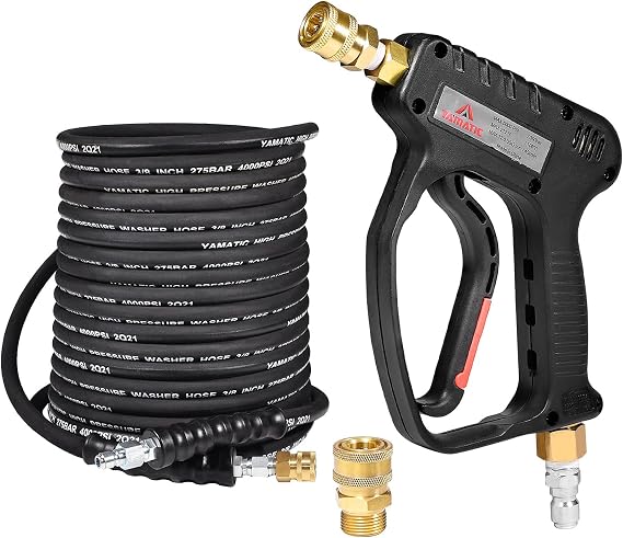 YAMATIC 3/8" Pressure Washer Hose 100FT Hot Water Power Washer Hose Max 212F with Swivel Quick Connect, Power Washer Short Gun, M22-14mm & 3/8" Swivel Inlet