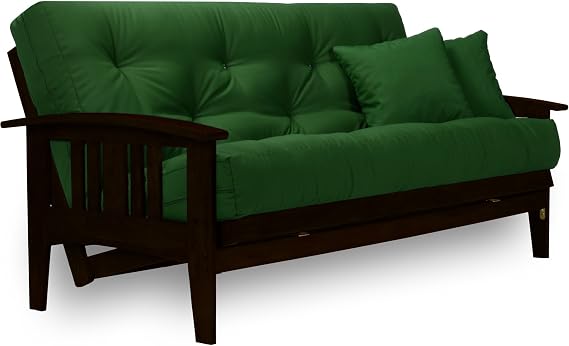 Westfield Complete Futon Set - Espresso Finish (Warm Black) Large Queen Size, Mission Style Wood Futon Frame with Mattress Included (Twill Hunter Green), More Mattress Colors Available