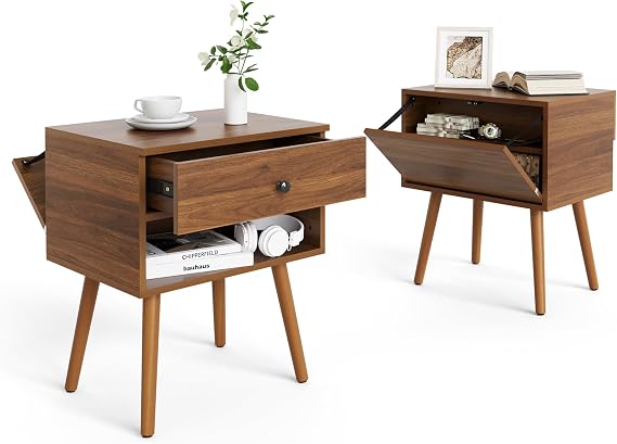 Hidden Compartment Night Stand Set 2, Mid Century Modern Concealment Furniture, End Table with Storage Drawer, Bedside Table with Wood Legs for Bedroom Living Room (2,Walnut)