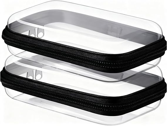 2PC Black Small Clear Hard Shell Zipper Case, Double Zippers Plastic Storage Box for Snacks Makeup Toiletries & Cosmetic Tools