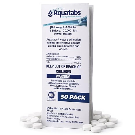 Aquatabs 49mg Water Purification Tablets (50 Pack). Water Filtration System for Hiking, Backpacking, Camping, Emergencies, Survival, and Home-Use. Easy to Use Treatment and Disinfection.