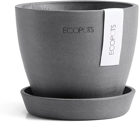 Ecopots Antwerp Round Tapered Flower Planter with Saucer, Grey, 4.5"
