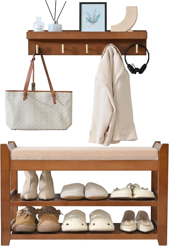 PETKABOO Shoe Rack for Front Door Entrance, 28 Entryway Bench with Coat Rack, Hall Tree Shoe Bench with Storage for Entry, Hallway, Bedroom, Living Room