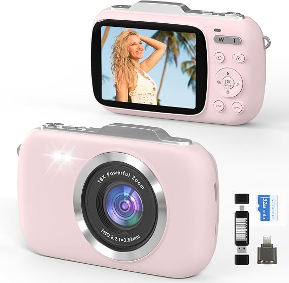 4K Compact Digital Camera: 64MP Point and Shoot Cameras for Photography 18X Zoom Portable Small Vlogging Digicam with 32GB TF Card 2 Batteries for Beginners Teens Students Pink