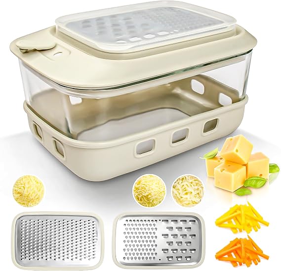 Cheese Grater with Container,Glass Food Storage Box with Silicone Sleeves,for Hard Parmesan,Soft Cheddar Cheeses,Vegetables,Chocolate,for Microwave, Dishwasher, Oven(1380ml,46oz)