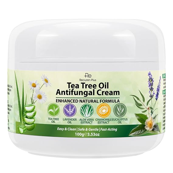Recuren Plus Antifungal Cream with Tea Tree Oil Advanced Herbal Relief for Skin Fungus, Jock Itch, Eczema, Athlete's Foot, Tinea Versicolor, Natural Treatment 100g