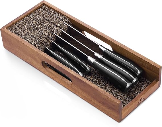 Enoking Knife Drawer Organiser, in Drawer Knife Block with Cork Dividers, Acacia Wood Knife Holder for Drawer, Knife Organiser in Drawer for Store Knives and Kitchen Utensils