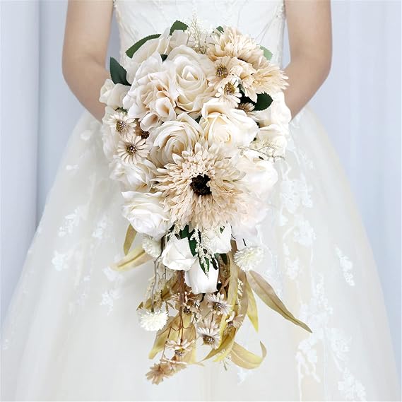 Bride Wedding Bouquets Cascading Bouquet for Bride Wedding Artificial Flowers Romantic Rustic Wedding Bouquet (Cream Cascading Bouquet)