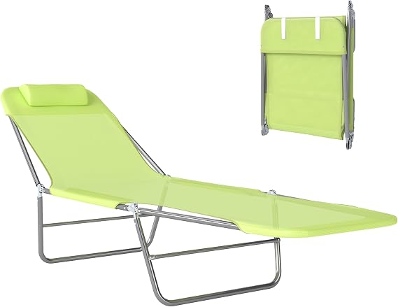 Outsunny Folding Chaise Lounge Outdoor Sun Tanning Chair w/Pillow, Green | Reclining Back, Steel Frame, Breathable Mesh, Beach, Yard, Patio, Pool