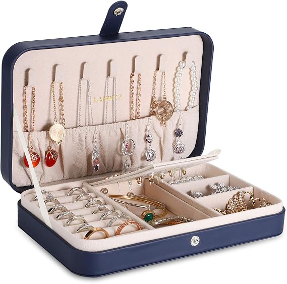 LANDICI Jewellery Box Small Jewellery Organiser for Women Girls, Navy blue | PU Leather Travel Jewellery Storage Case, Portable Jewellery Holder for Ring Earrings Necklace Bracelet, Jewellery Gift Box