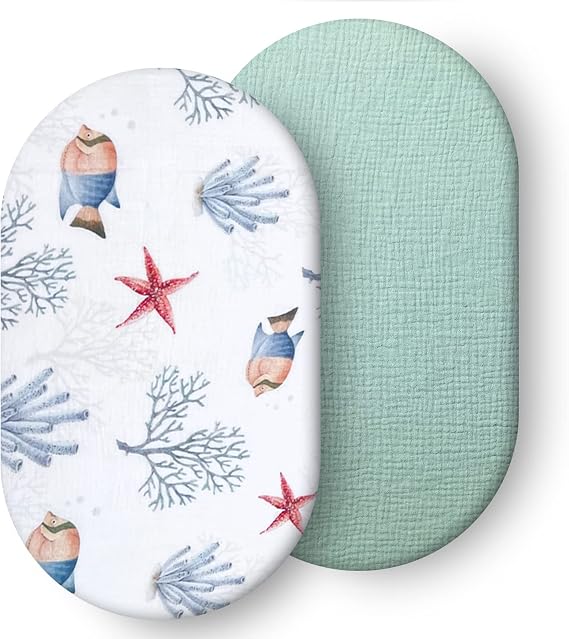 Ultra Soft Muslin Bassinet Sheet for Baby Girl and Boy,Breathable Organic Cotton Bassinet Sheets Fitted for 30x16 Standard Bassinet (Sea World Pattern)
