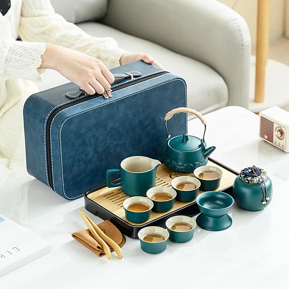 Chinese Tea Set, 14 Pcs Ceramic Japanese Gongfu Tea Set with 230ml Teapot | Kung Fu Tea Ceremony Kit, 45ml Teacups, Pitcher, Strainer, Canister, Tea Tray, Travel Bag for Daily Use, Tea Lover Gifts