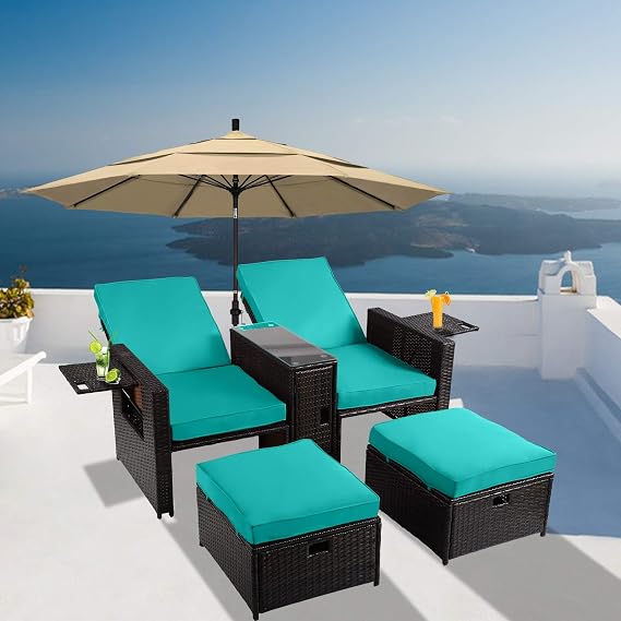 5PCS Patio Wicker Furniture Set - Outdoor PE Rattan Loveseat Sofa with Adjustable Backrest, Coffee Table, Ottoman - Patio Lounge Chair for Garden, Beach, Poolside, Balcony, Backyard, Deck