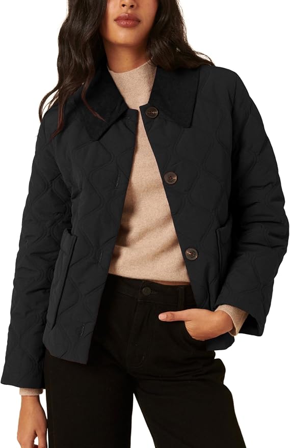 Lviefent Womens Crop Quilted Jacket Corduroy Collar Button Down Winter Coat