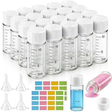 20Pcs 10ml (1/3 Oz) Clear Glass Vials with White Screwcaps, Small Glass Sample Vials, Borosilicate Glass Graduated Liquid Sampling Sample with Funnels Labels for Solid Liquid Powder Storage