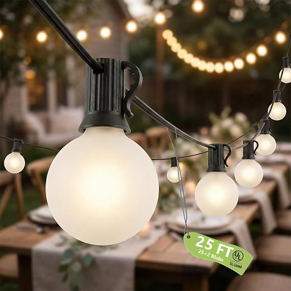 G40 Outdoor Frosted String Lights, 25Ft Globe Frosted White String Lights with 27 Small Round Bulbs, Waterproof Connectable Hanging Lights for Outside Backyard Porch Umbrella Bistro Decor, Black Wire