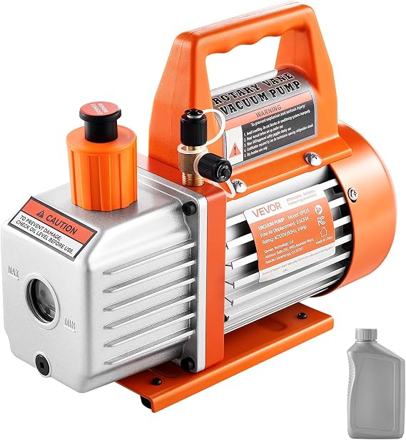 VEVOR Vacuum Pump, 3.5 CFM 1/4 HP, HVAC Single Stage Rotary Vane AC Vacuum Pump, for R134a R22 R410a Systems, with Oil Bottle, 1720 PRM, for Automotive Air Conditioner Maintenance Resin Degassing