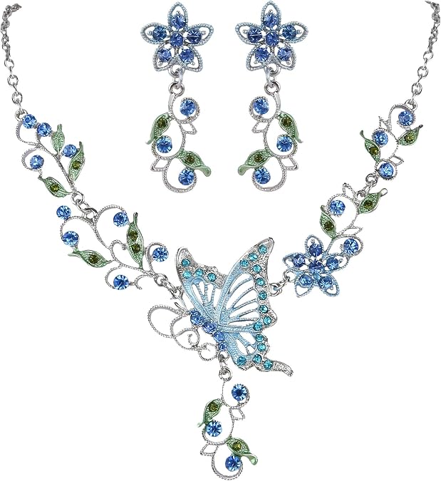 EleQueen Women's Crystal Butterfly Flower Leaf Necklace Earrings Set | Crystal Jewelry Set for Brides Bridesmaids, Necklace Set for Party