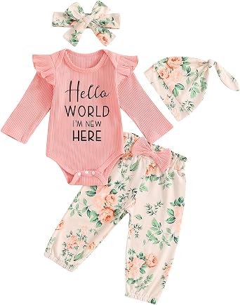 ZAXARRA Newborn Coming Home Baby Girls Fall Outfits Letter Print Ribbed Romper Tops Flower Pants Headband Hat 4 Piece Set