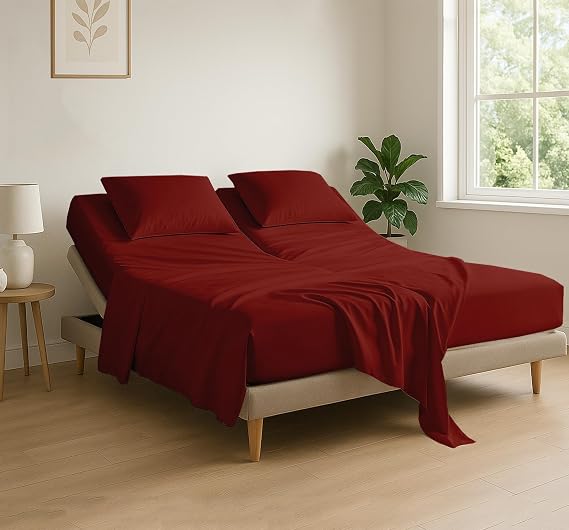 4 Piece Flex Head King Sheet Set 34" Top, 100% Egyptian Cotton, Burgundy | Split Sheets for Sleep Number Adjustable Beds, Soft Breathable, Fits Upto 16" Deep Mattress