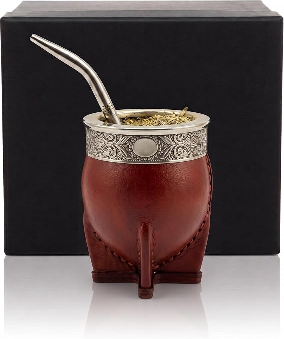 Mate Imperial Argentino Kit Mate, With Straw Tea Gourd Mug One Bombilla (Straw), Wrapped Handmade Leather, Includes Premium Packaging box (brown)