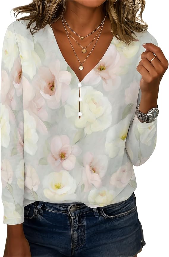 Long Length Sleeve Womens Tops Summer V Neck Boho Floral Prirt Button Down Blouses Dressy Casual Elegant Tunic Shirts Style-08 XXL
