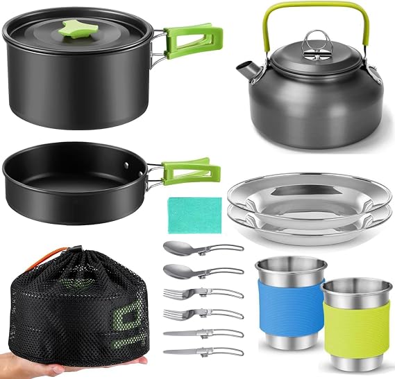 15pcs Camping Cookware Mess Kit,Non-Stick Pot and Pan Set with Kettle Stainless Steel Cups Plates Forks Knives Spoons Lightweight, Fork Spoon Kits for Backpacking, Outdoor Camping Hiking and Picnic