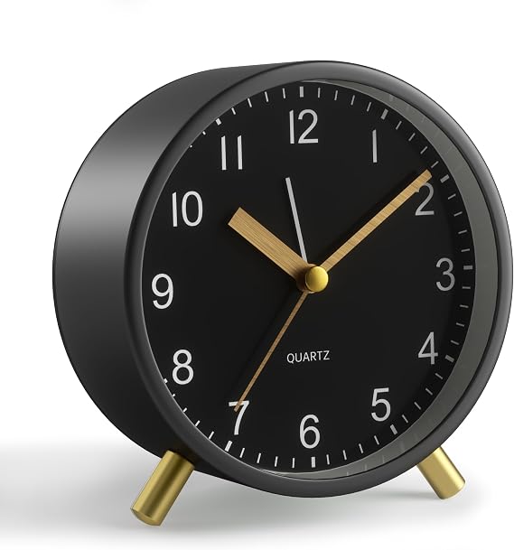 JALL Analog Alarm Clock, 4 inch Super Silent Non Ticking Small Clock with Night Light, Battery Operated, Simple Design, Easy Setting for Office, Bedroom, Bedside, Desk, Teens, Elders, Adult, Black