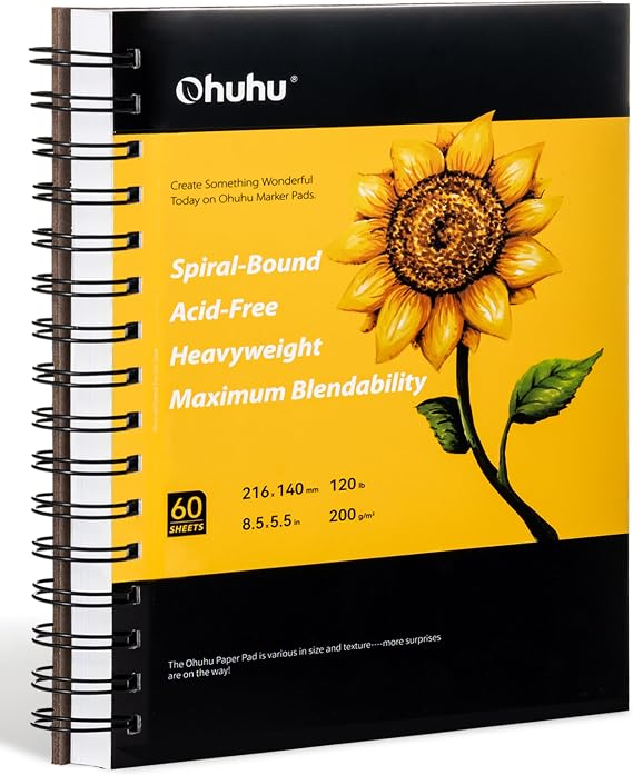 Ohuhu Marker Pad Sketchbook - 5.5"x8.5" Small Paper Size - 120 LB/200 GSM Smooth Drawing Paper - 60 Sheets/120 Pages, Spiral Bound Sketching Book for Alcohol Markers