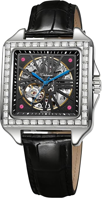 Creative Rectangular Diamond Encrusted Tourbillon Hollow Dial Men's Fully Automatic Waterproof Mechanical Watch Simple Business Fashion Accessories