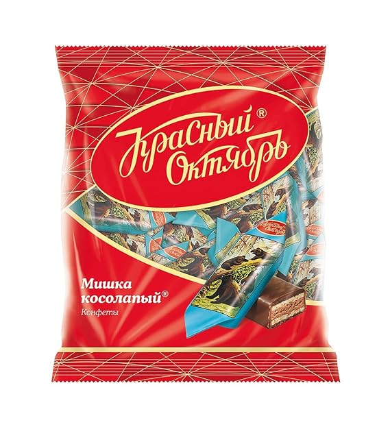Chocolate Candies Mishka Kosolapy Toed Clumsy Bear 200g/7.05oz Nutty Paste with Wafers and Chocolate Glaze in Individual Wraps Gourmet Imported Russian Candy Sweets Bars UNICONF Krasnyi Oktyabr