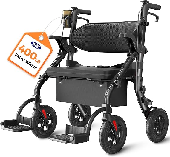 VOCIC Z59 Heavy Duty 2 in 1 Walker Wheelchair Combo, 400 Lbs, Wide Seat | Extra Wide Frame for Comfort, Quickly Converts to Wheelchair, 10" All-Terrain for Outdoors, Includes Cup Holder, Black